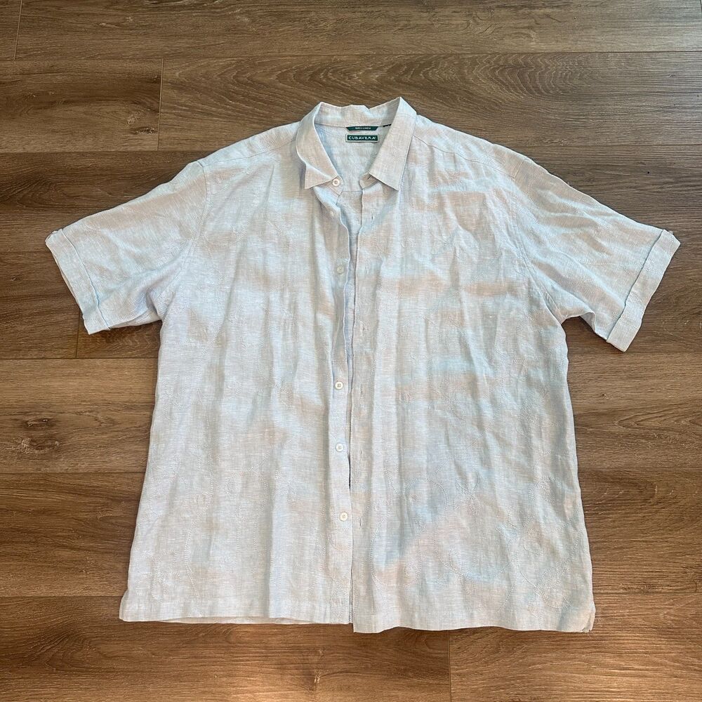 100% Linen Embroidered Short Sleeve Button Down Shirt Light Blue Men's Size XL